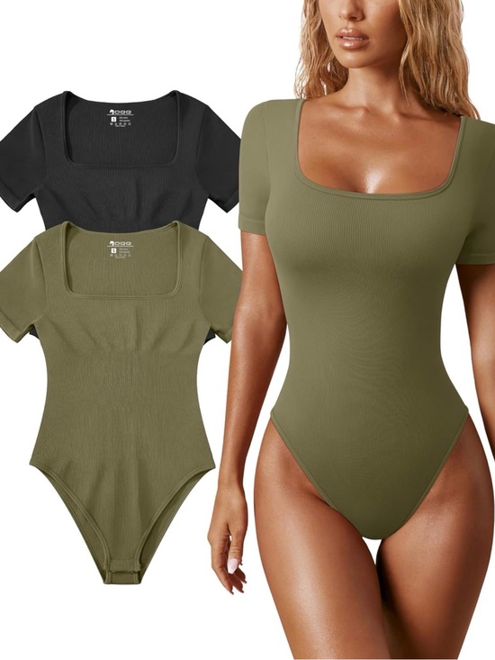 QQQ Tops - QQQ Square Neck Short Sleeve Bodysuit in Olive | Large